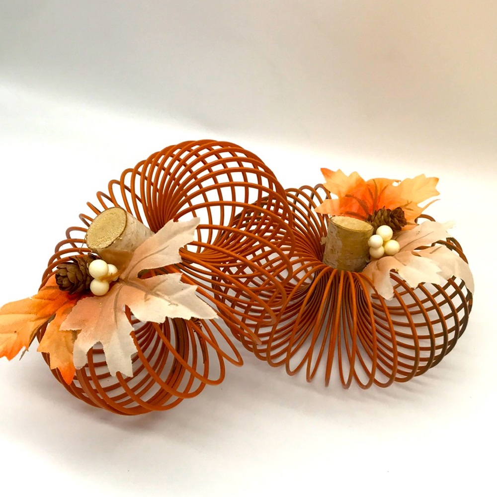 Two Handmade Round Plastic-Spiral Form Pumpkins - Picture 1 of 6